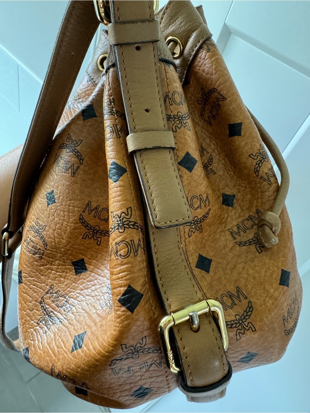 MCM Cognac Visetos Logo Drawstring Shoulder Bag - Picture 10 of 16